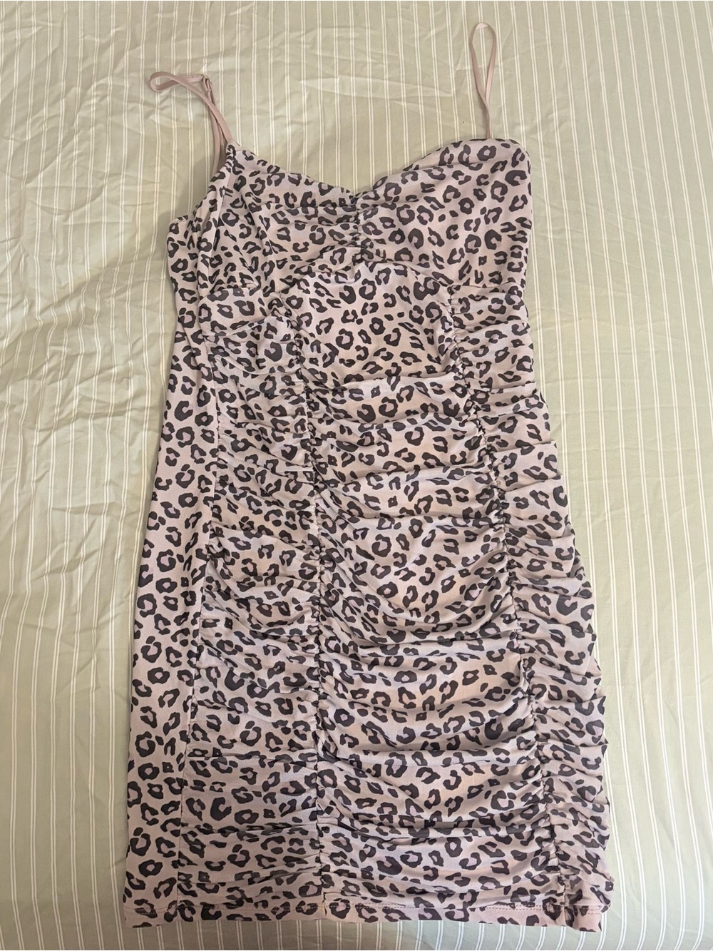 Ruched Leopard Print Spaghetti Strap Dress in Light Pink